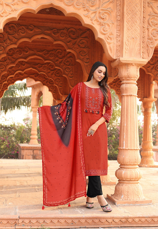 Women Kurta Heavy Rayon Hand work Kurta With Trousers & With Dupatta-COLOURDROP