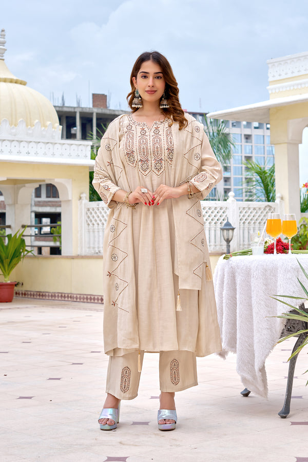 Women Floral Embroidered Empire Thread Work Chanderi Cotton Kurta with Trousers & With Dupatta-KS-361