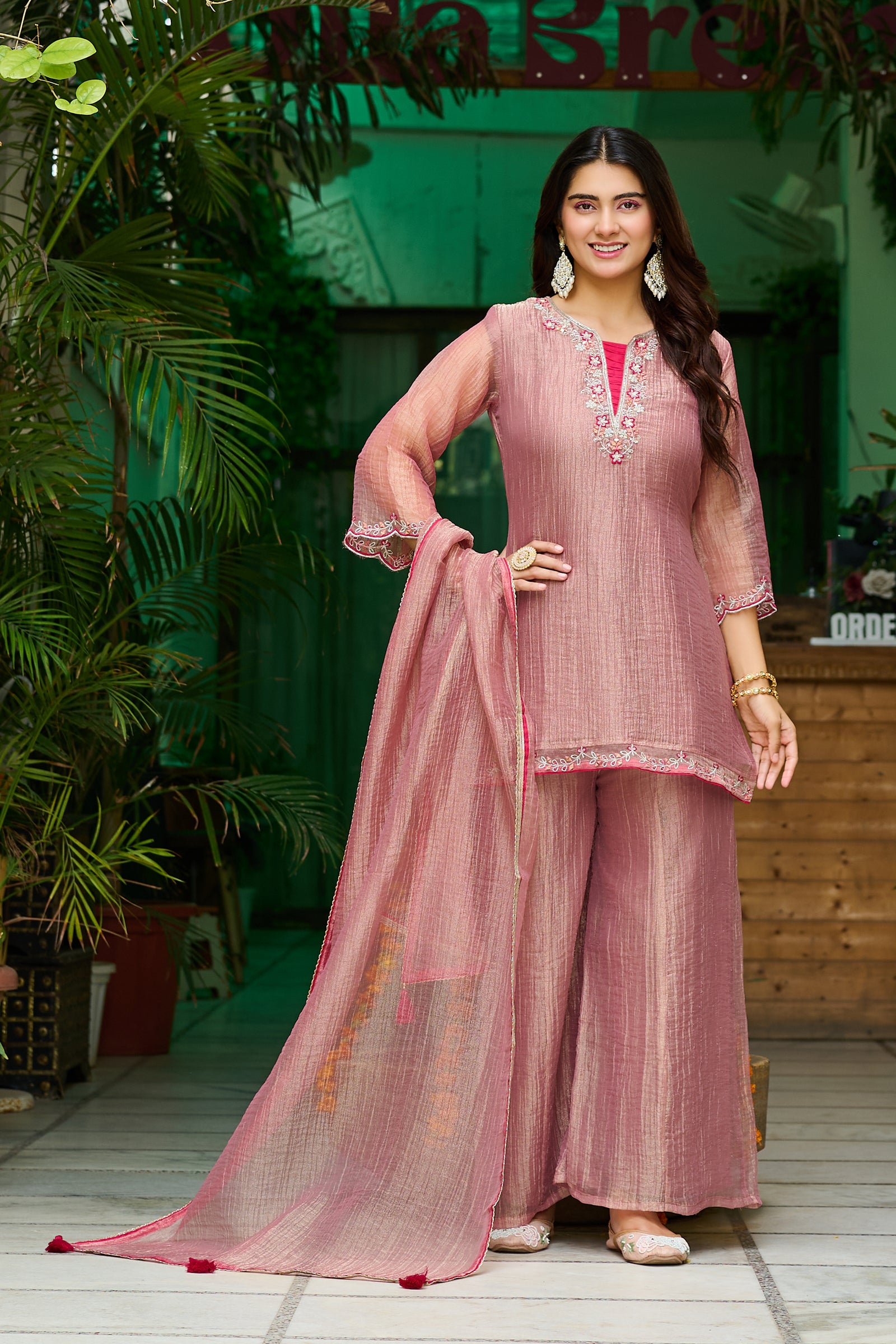 Blush Glow Salsa Crush Kurta Palazzo Set with Dupatta-IV-1122