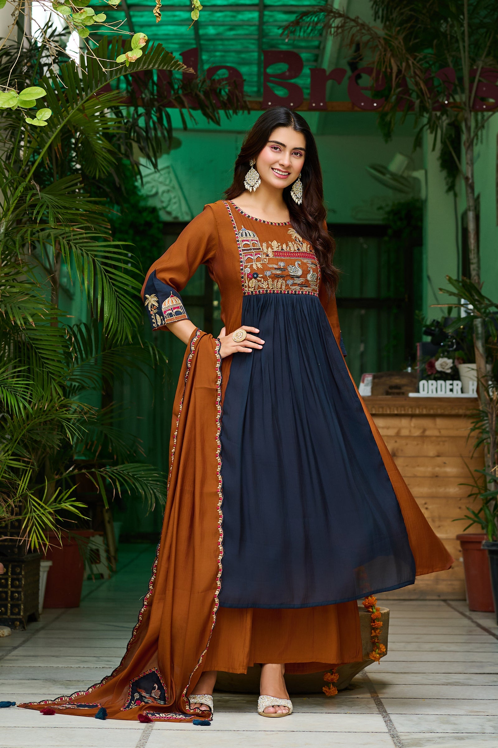 Women Ethnic Motifs Embroidered Empire Thread Work Chanderi Cotton Kurta with Trousers & With Dupatta-IV-1106