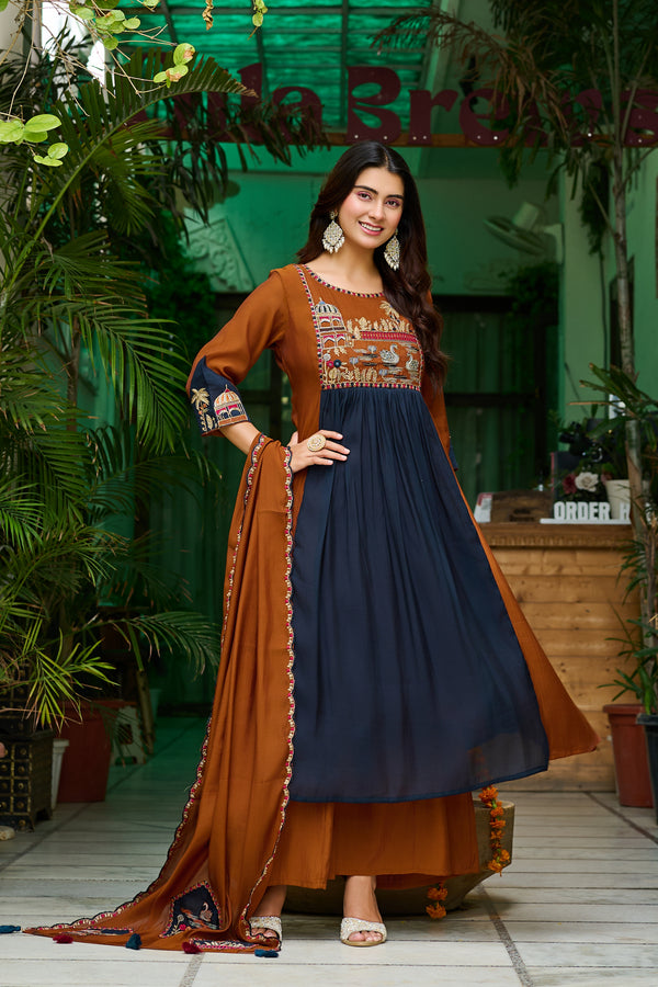 Women Ethnic Motifs Embroidered Empire Thread Work Chanderi Cotton Kurta with Trousers & With Dupatta-IV-1106