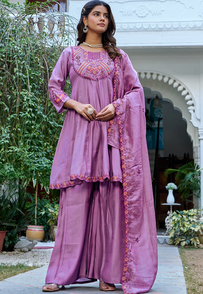 Women Ethnic Motifs Embroidered Thread Work Kurta with Sharara & Dupatta - KS-216
