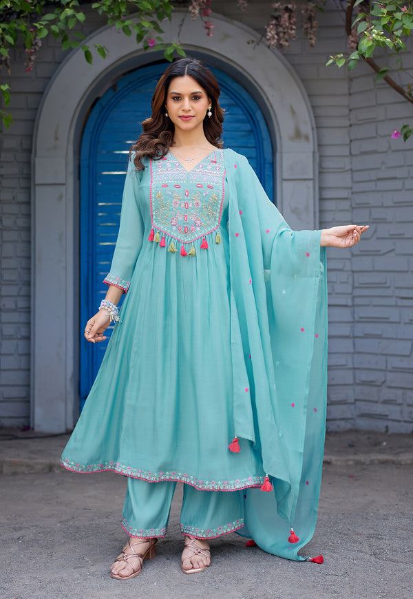Women Ethnic Motifs Thread Work Chanderi Cotton Kurta with Palazzos & Dupatta-IV-1036