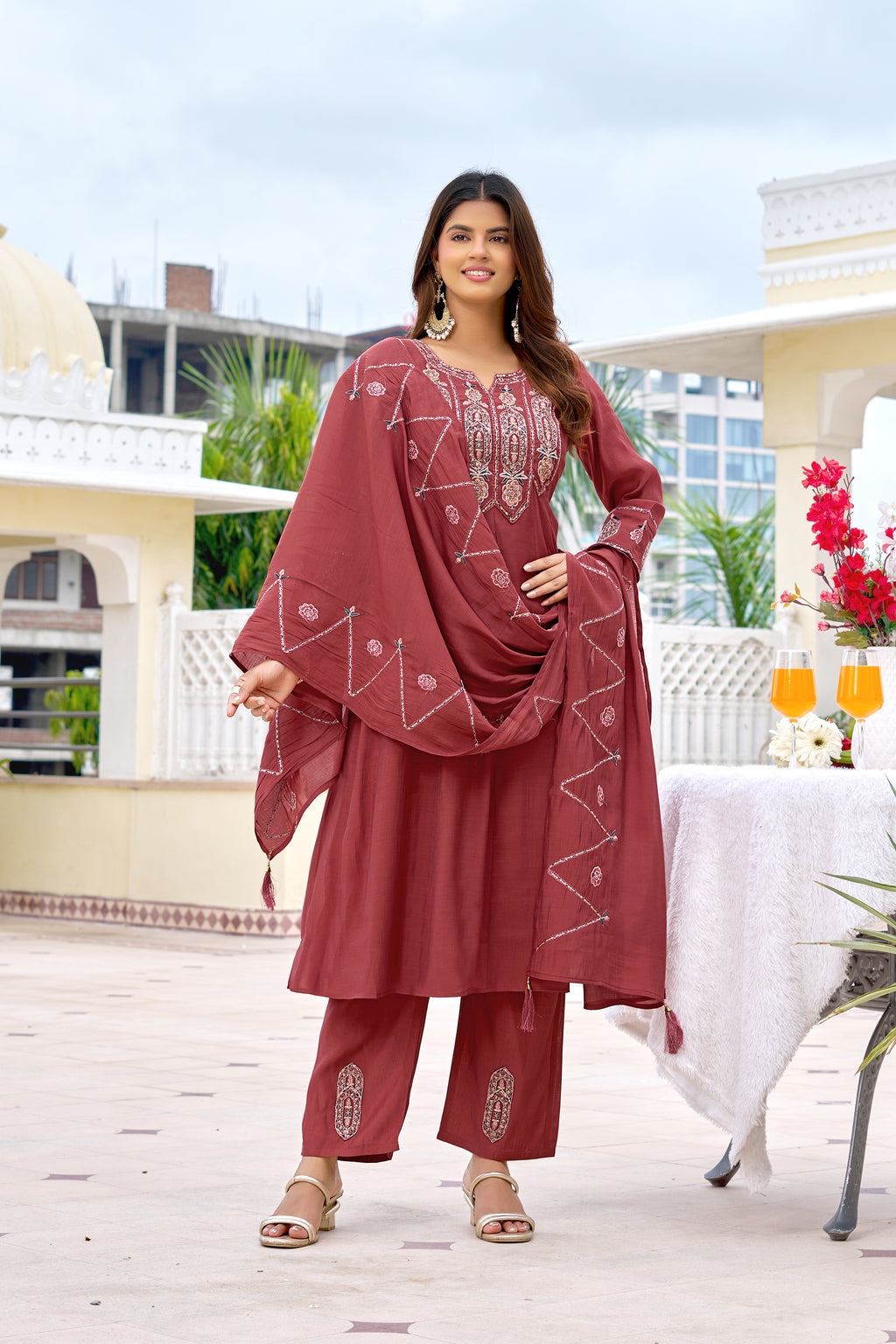 Mul Chanderi Kurta Set with Roman Silk Bottom -KS-360