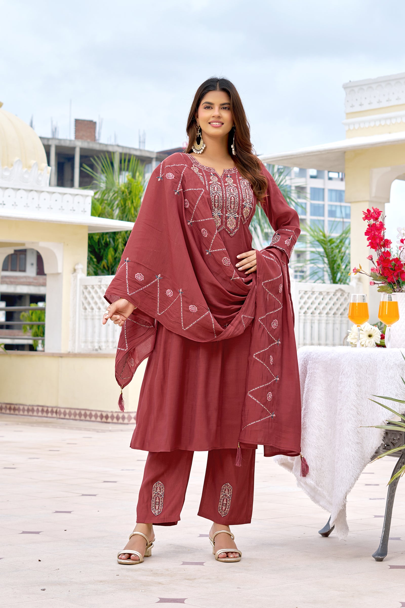 Mul Chanderi Kurta Set with Roman Silk Bottom -KS-360