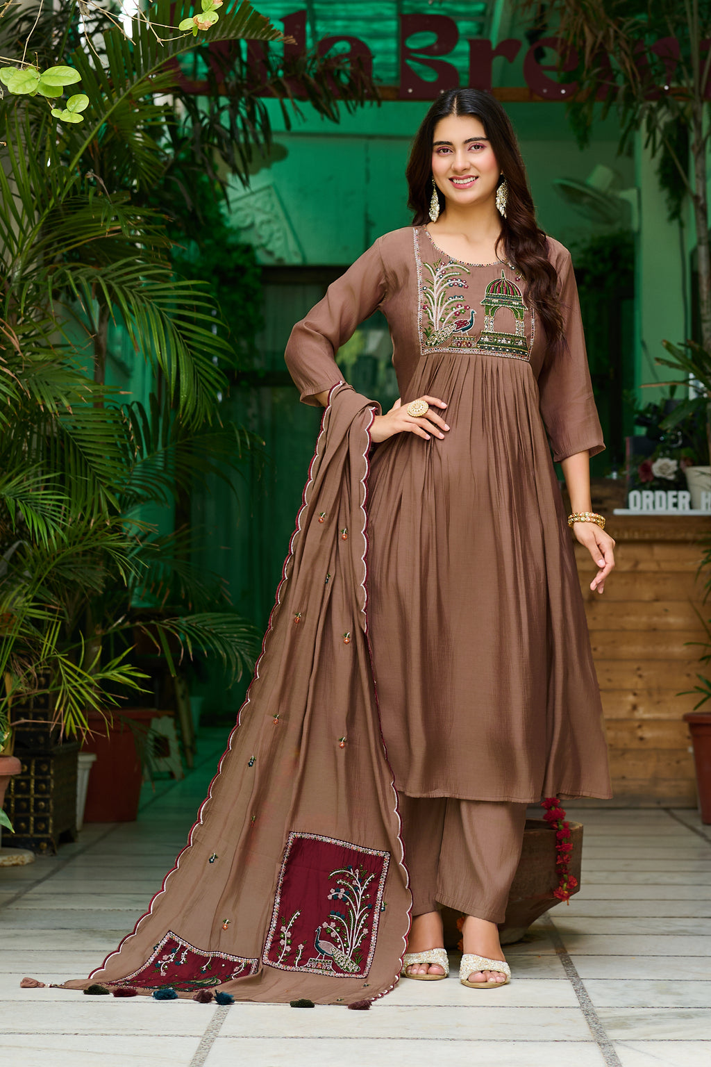 Women Ethnic Motifs Embroidered Empire Thread Work Chanderi Cotton Kurta with Trousers & With Dupatta-IV-1127