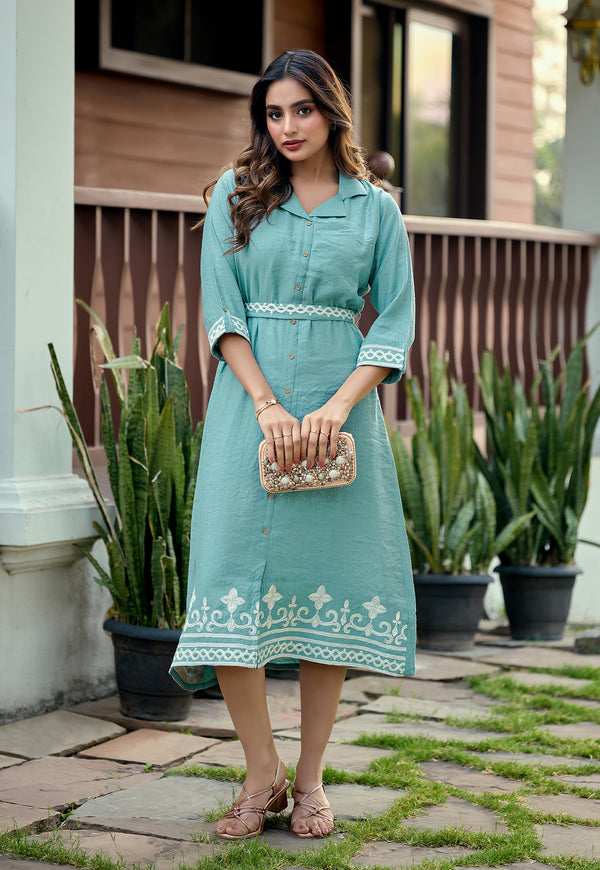 Women’s Aqua Blue Embroidered A-Line Dress with Shirt Collar & Waist Belt