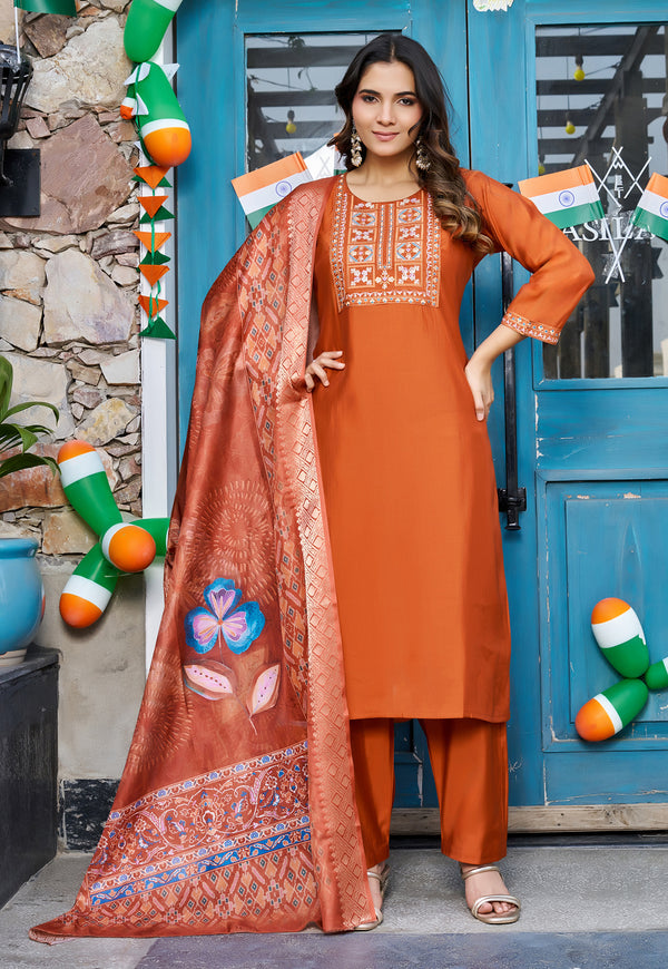 Women Floral Embroidered Empire Thread Work Roman Slik Kurta Pant With Dupatta-KS-256