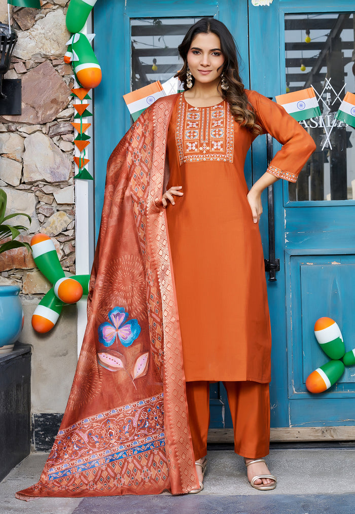 Women Floral Embroidered Empire Thread Work Roman Silk Kurta Pant With Dupatta - KS-256