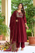 Women Ethnic Motifs Embroidered Empire Thread Work Chanderi Cotton Kurta with Trousers & With Dupatta-IV-1124