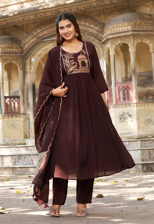 Women Ethnic Motifs Embroidered Empire Thread Work Chanderi Cotton Kurta with Trousers & With Dupatta-IV-1009