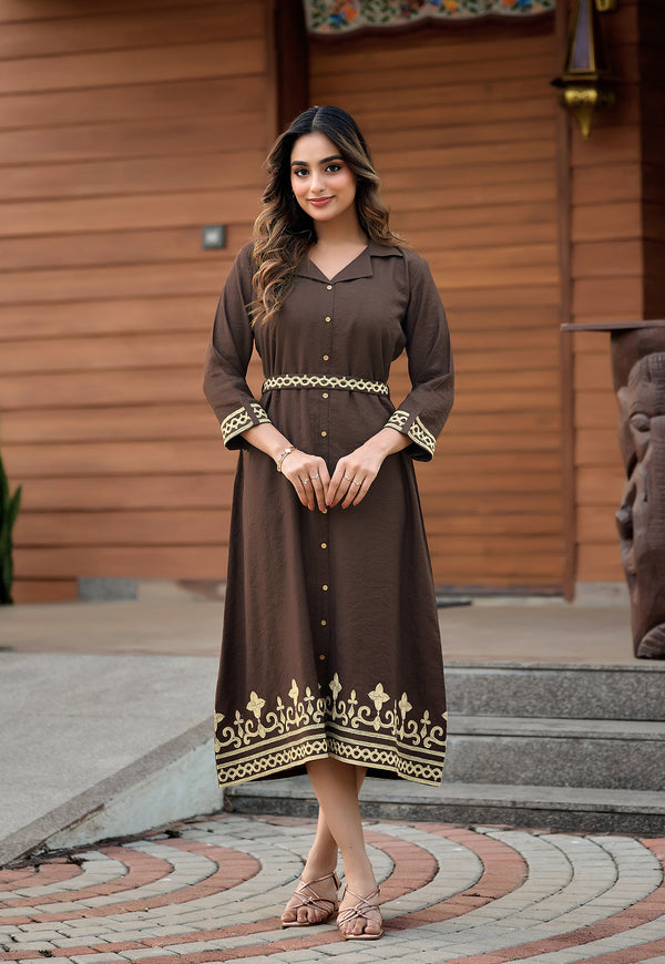 Women’s Chocolate Brown Embroidered Shirt Collar Western Dress