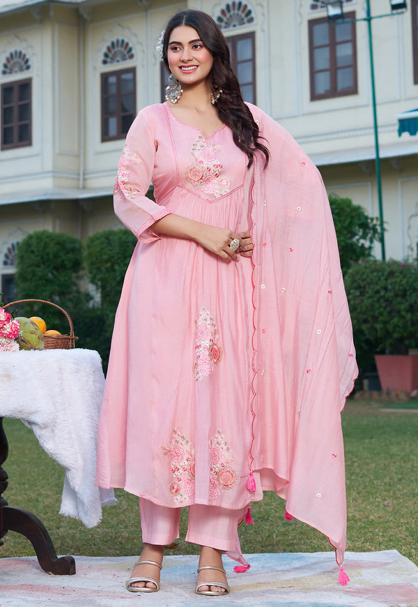 Women Ethnic Motifs Embroidered Empire Thread Work Chanderi Cotton Kurta with Palazzos & With Dupatta-IV-1012