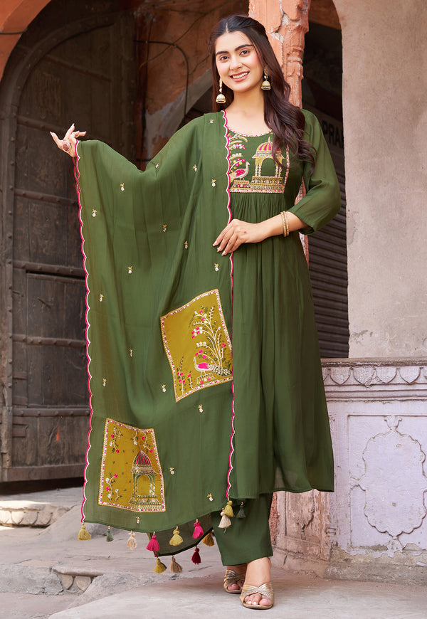 Women Ethnic Motifs Embroidered Empire Thread Work Chanderi Cotton Kurta with Trousers & With Dupatta-IV-1009