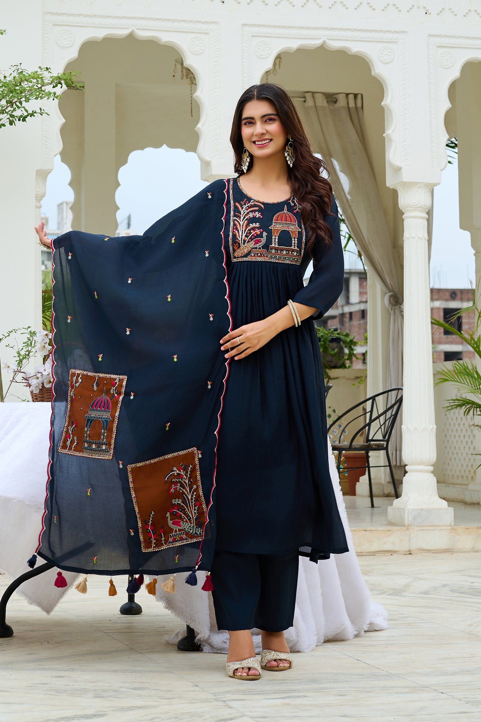 Women Ethnic Motifs Embroidered Empire Thread Work Chanderi Cotton Kurta with Trousers & With Dupatta-IV-1126