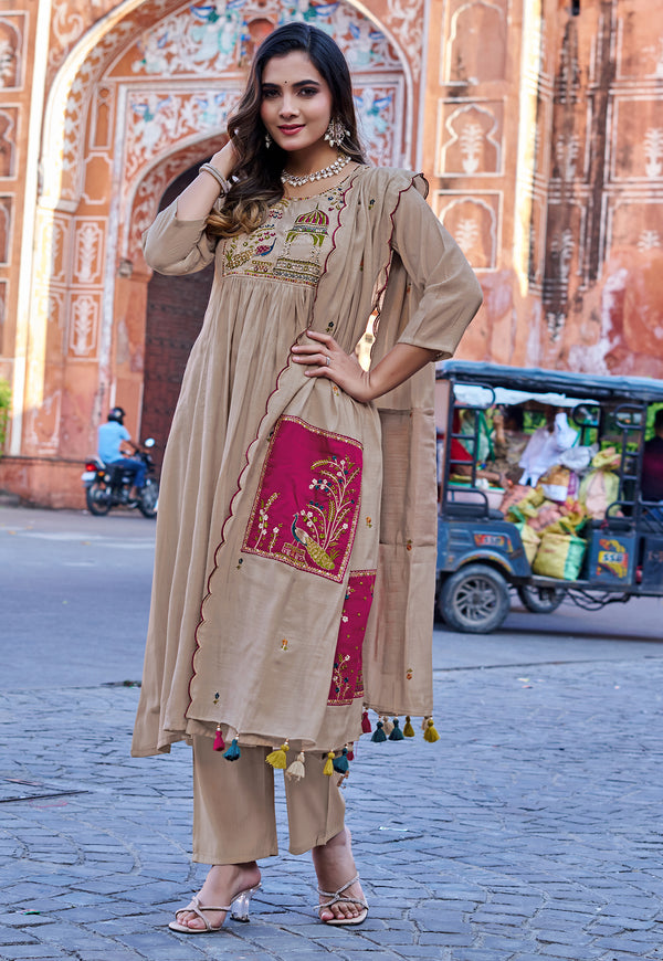 Women Ethnic Motifs Embroidered Empire Thread Work Chanderi Cotton Kurta with Trousers & With Dupatta-IV-1009