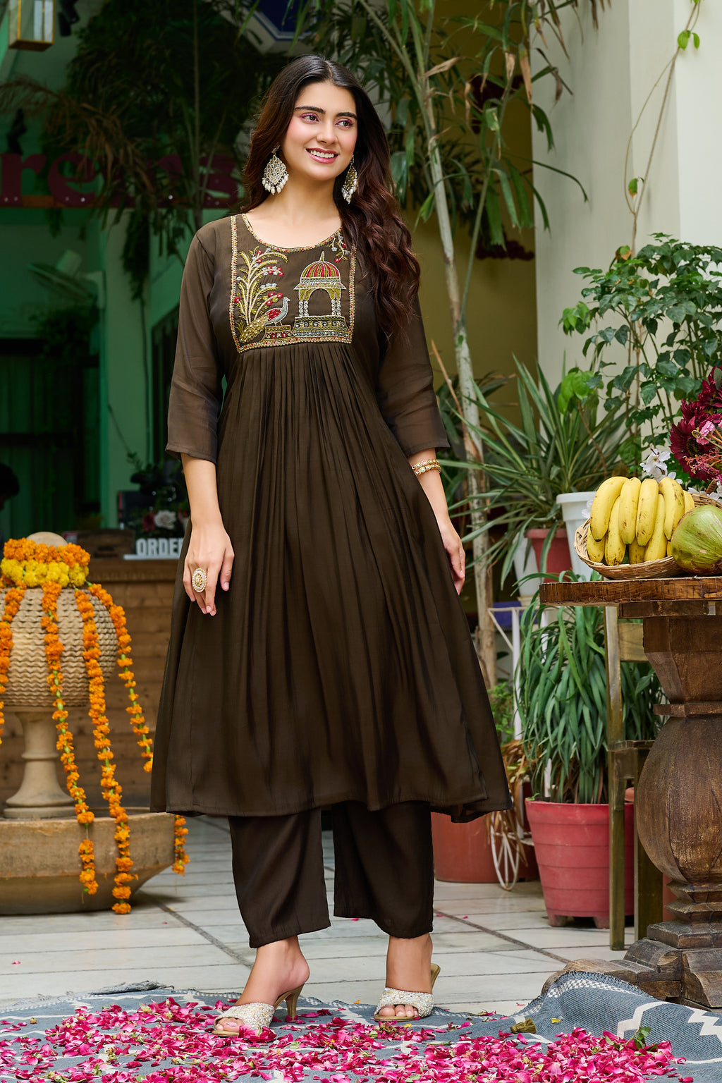 Women Ethnic Motifs Embroidered Empire Thread Work Chanderi Cotton Kurta with Trousers & With Dupatta-IV-1132