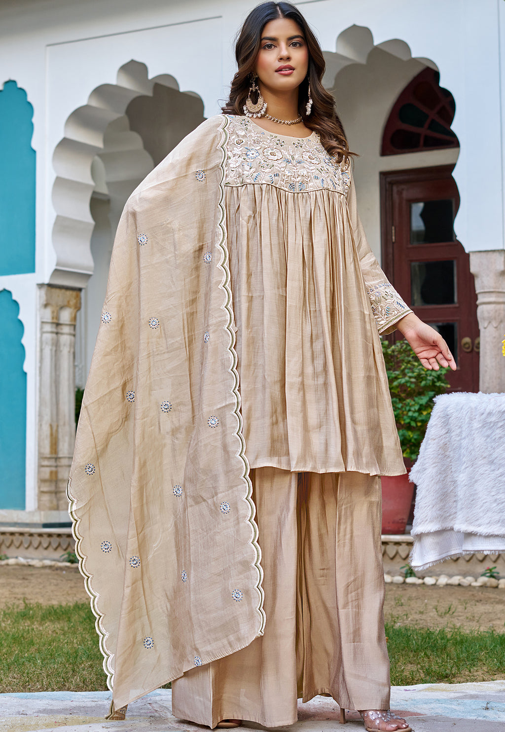 Women Ethnic Motifs Embroidered Empire Kurta with Palazzos & With Dupatta-KS-218