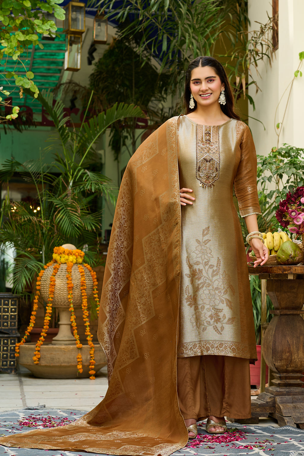Golden Aura Embroidered Ethnic Kurta Set with Designer Dupatta-IV-1112