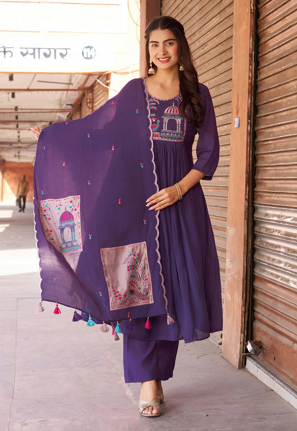 Women Ethnic Motifs Embroidered Empire Thread Work Chanderi Cotton Kurta with Trousers & With Dupatta-IV-1009