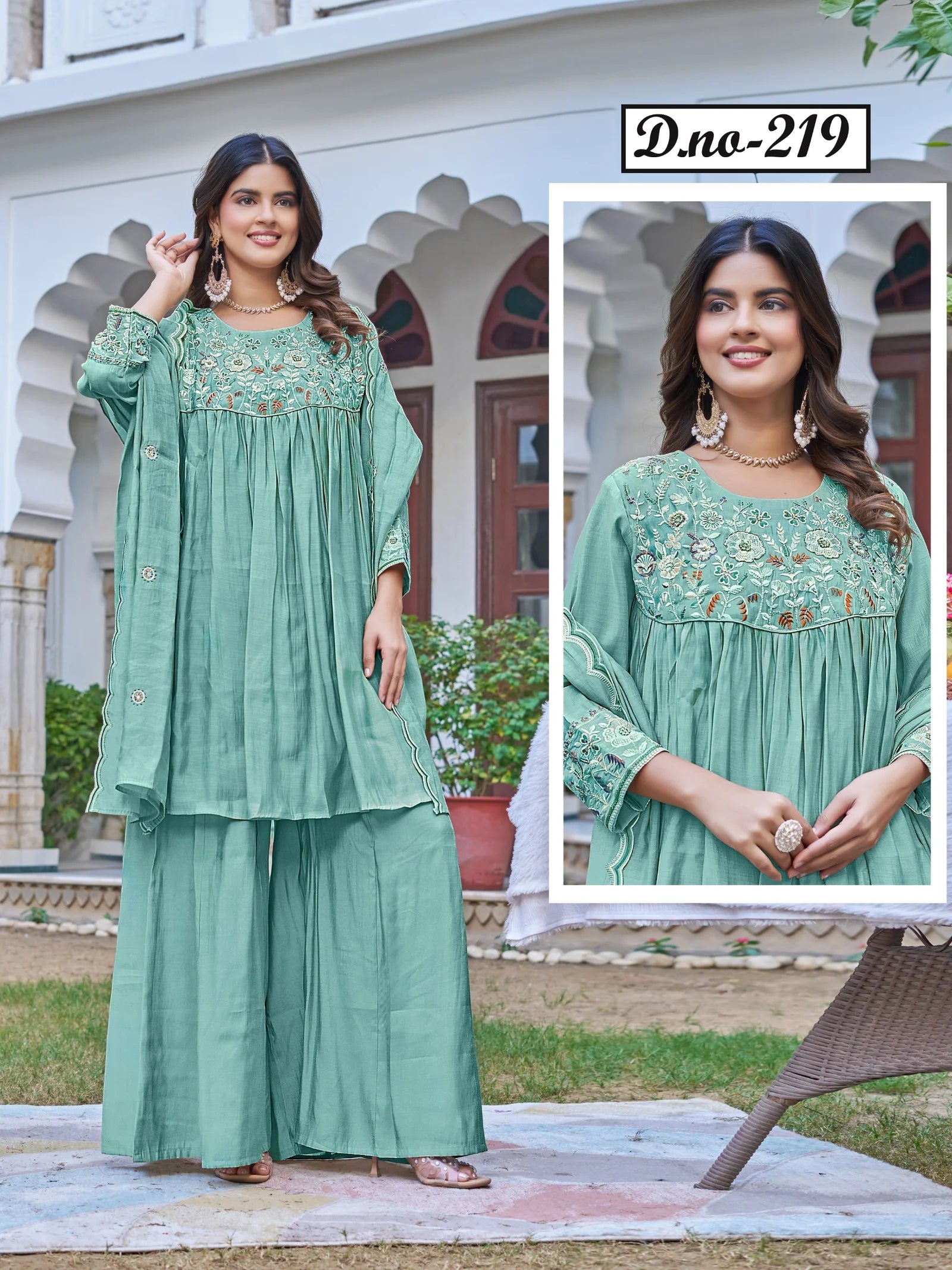 Women Ethnic Motifs Embroidered Empire Kurta with Palazzos & With Dupatta-KS-219