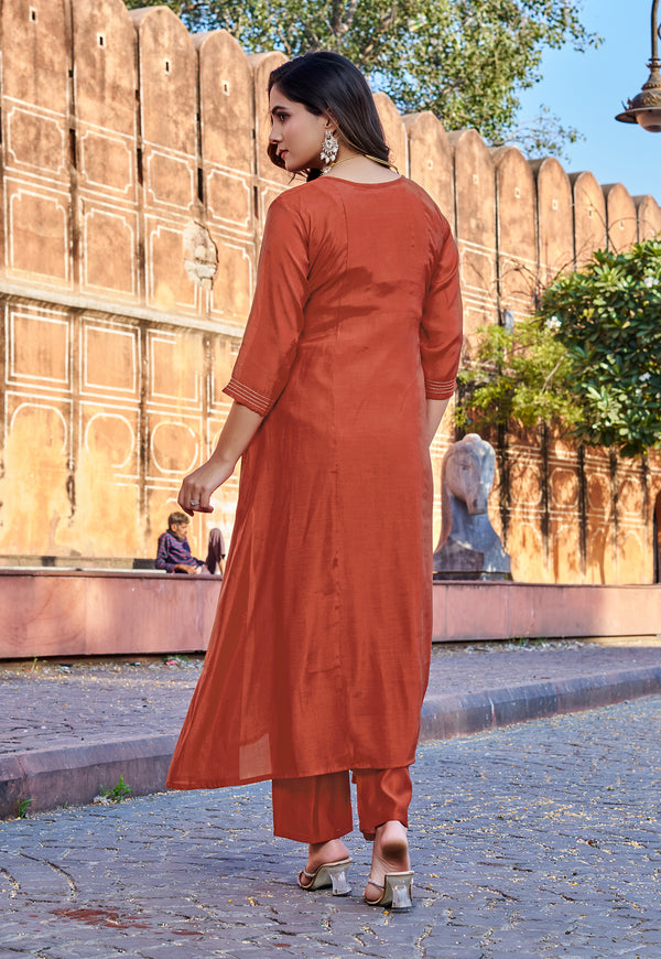 Women Chanderi Cotton Kurti with Palazzos & With Dupatta-IV-1014