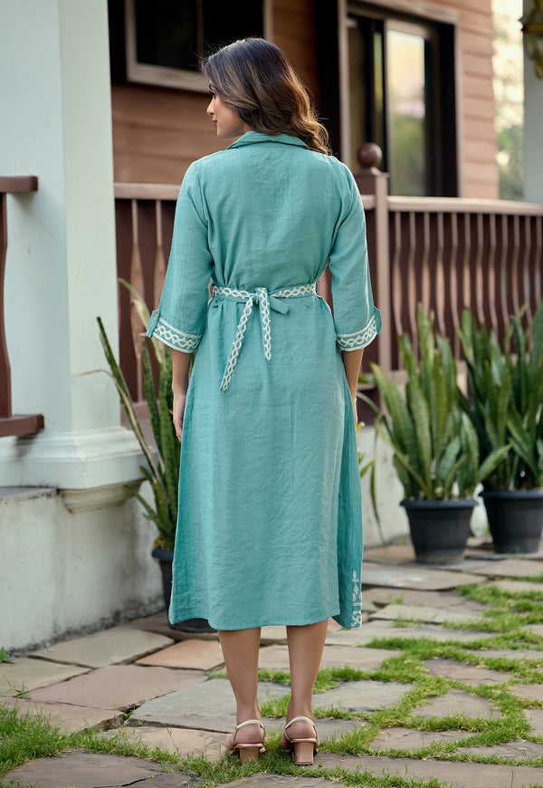Women’s Aqua Blue Embroidered A-Line Dress with Shirt Collar & Waist Belt