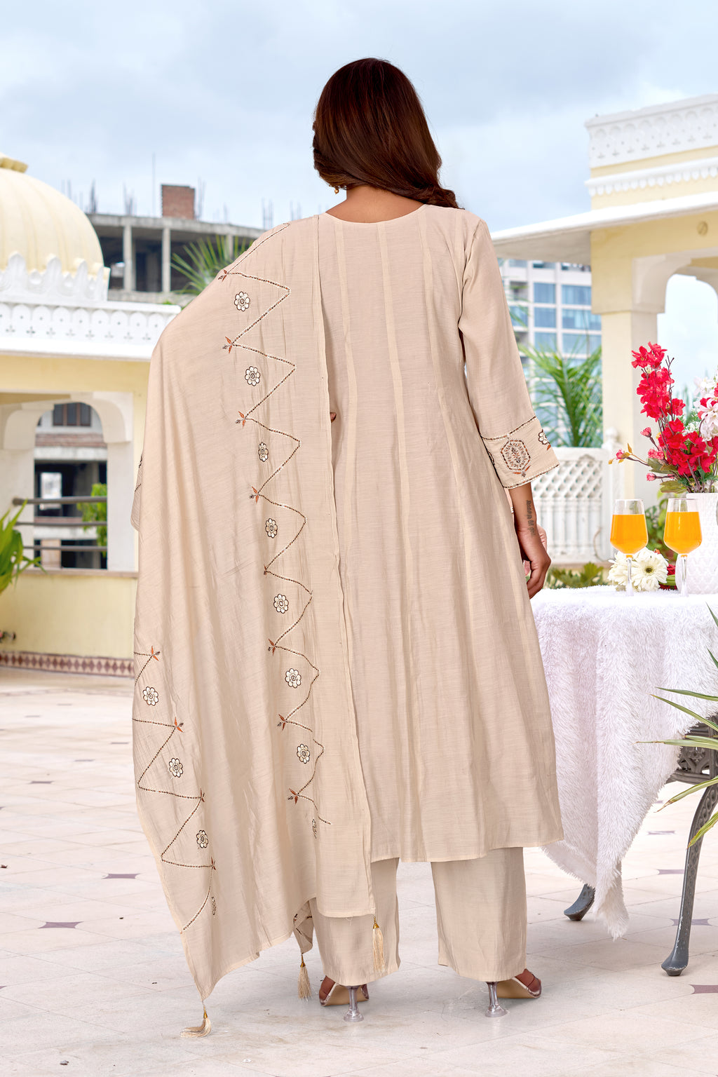 Women Floral Embroidered Empire Thread Work Chanderi Cotton Kurta with Trousers & With Dupatta-KS-361