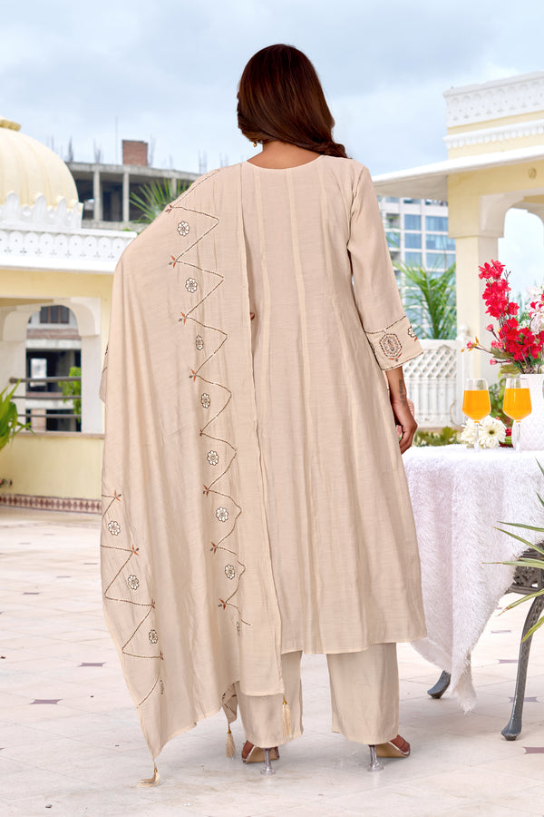 Women Floral Embroidered Empire Thread Work Chanderi Cotton Kurta with Trousers & With Dupatta-KS-361