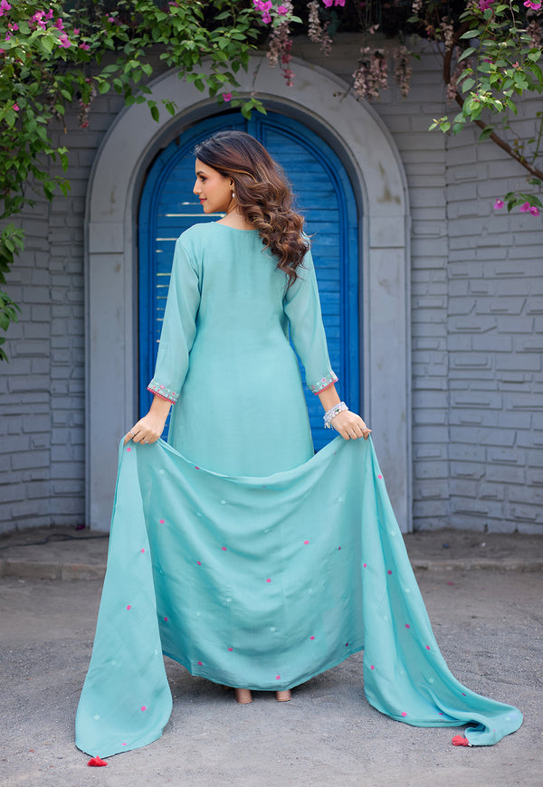 Women Ethnic Motifs Thread Work Chanderi Cotton Kurta with Palazzos & Dupatta-IV-1036