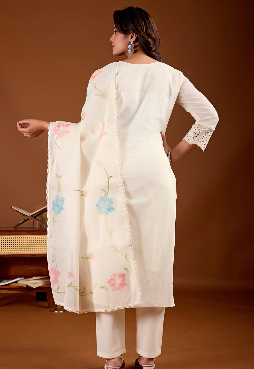 Women Floral Embroidered Regular Pure Cotton Kurta with Trousers & With Dupatta-KS-351
