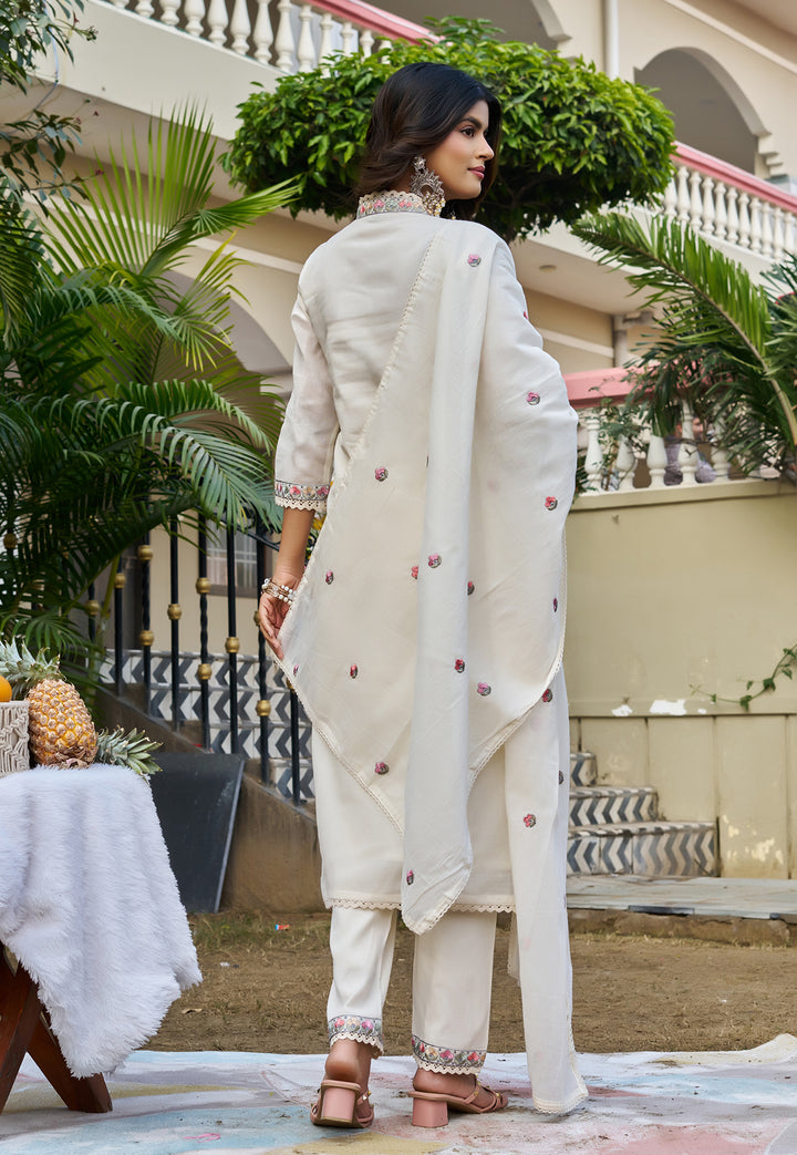 Women Embroidered Thread Work Mull Cotton Kurta with Trouser & With Du ...