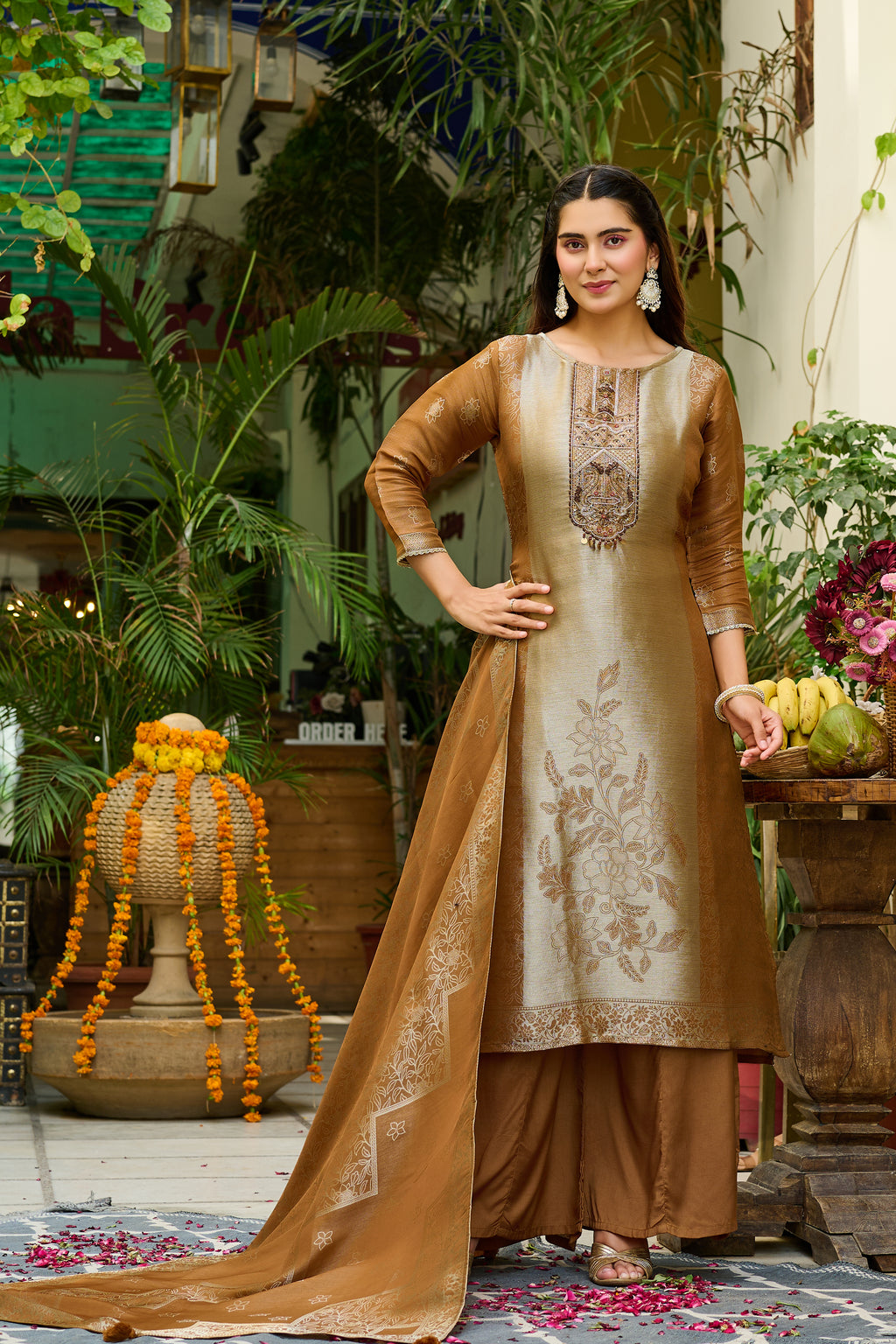 Golden Aura Embroidered Ethnic Kurta Set with Designer Dupatta-IV-1112