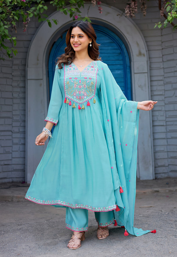 Women Ethnic Motifs Thread Work Chanderi Cotton Kurta with Palazzos & Dupatta-IV-1036