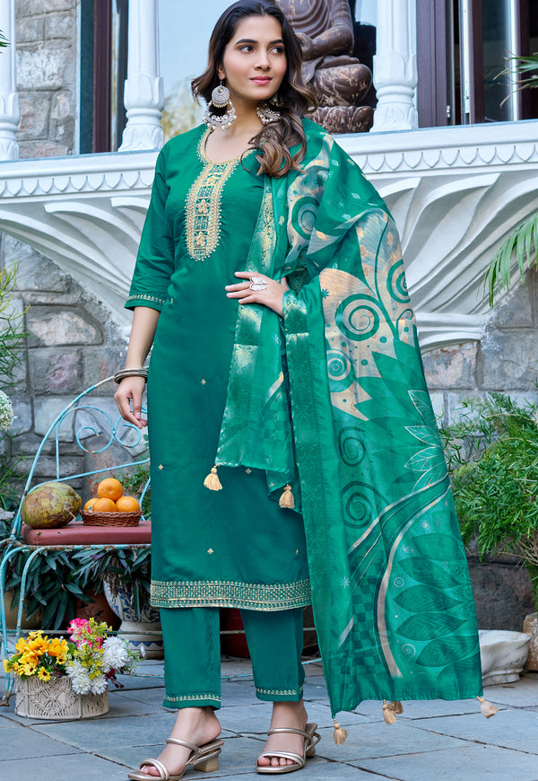 Women Ethnic Motifs Embroidered Regular Thread Work Kurta with Trousers & With Dupatta-KS-215