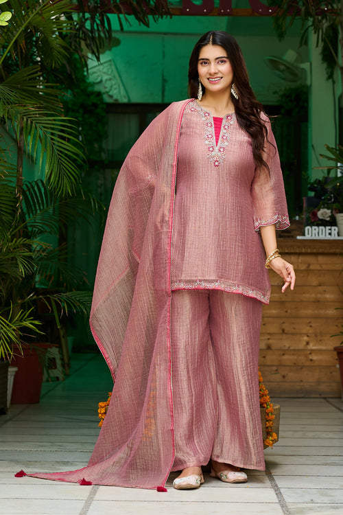 Blush Glow Salsa Crush Kurta Palazzo Set with Dupatta-IV-1122