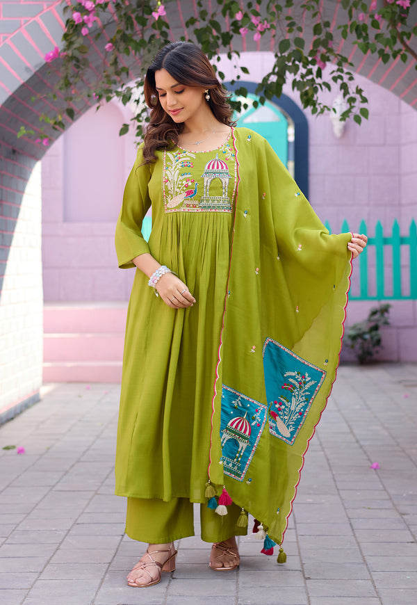 Women Ethnic Motifs Embroidered Empire Thread Work Chanderi Cotton Kurta with Trousers & With Dupatta-IV-1009