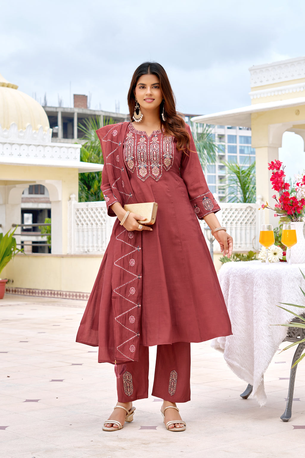 Mul Chanderi Kurta Set with Roman Silk Bottom -KS-360