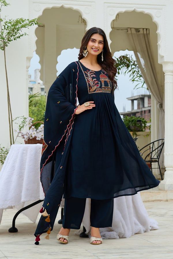 Women Ethnic Motifs Embroidered Empire Thread Work Chanderi Cotton Kurta with Trousers & With Dupatta-IV-1126