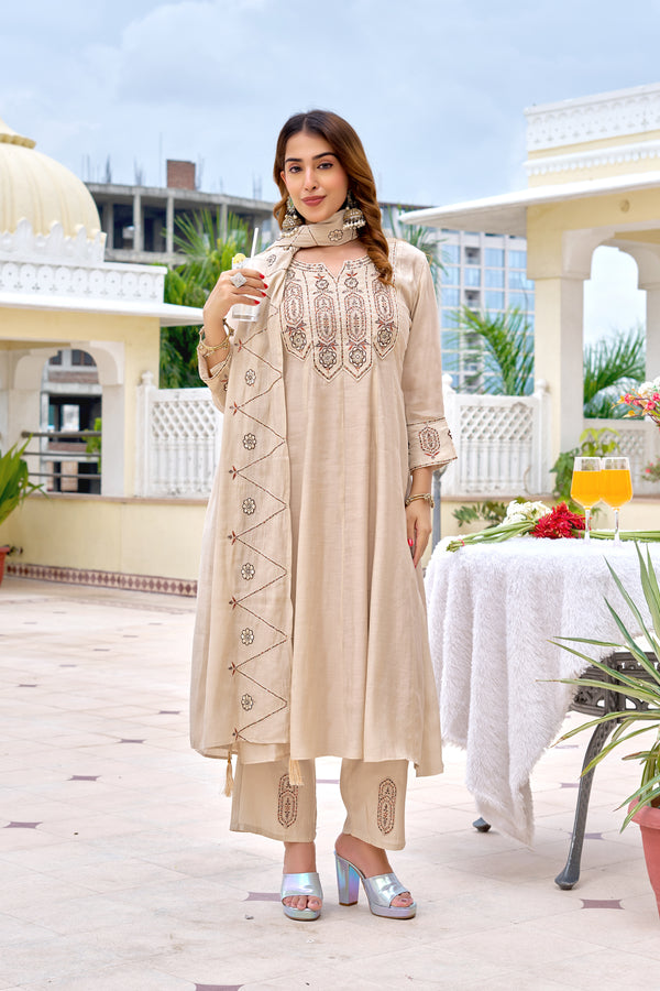 Women Floral Embroidered Empire Thread Work Chanderi Cotton Kurta with Trousers & With Dupatta-KS-361