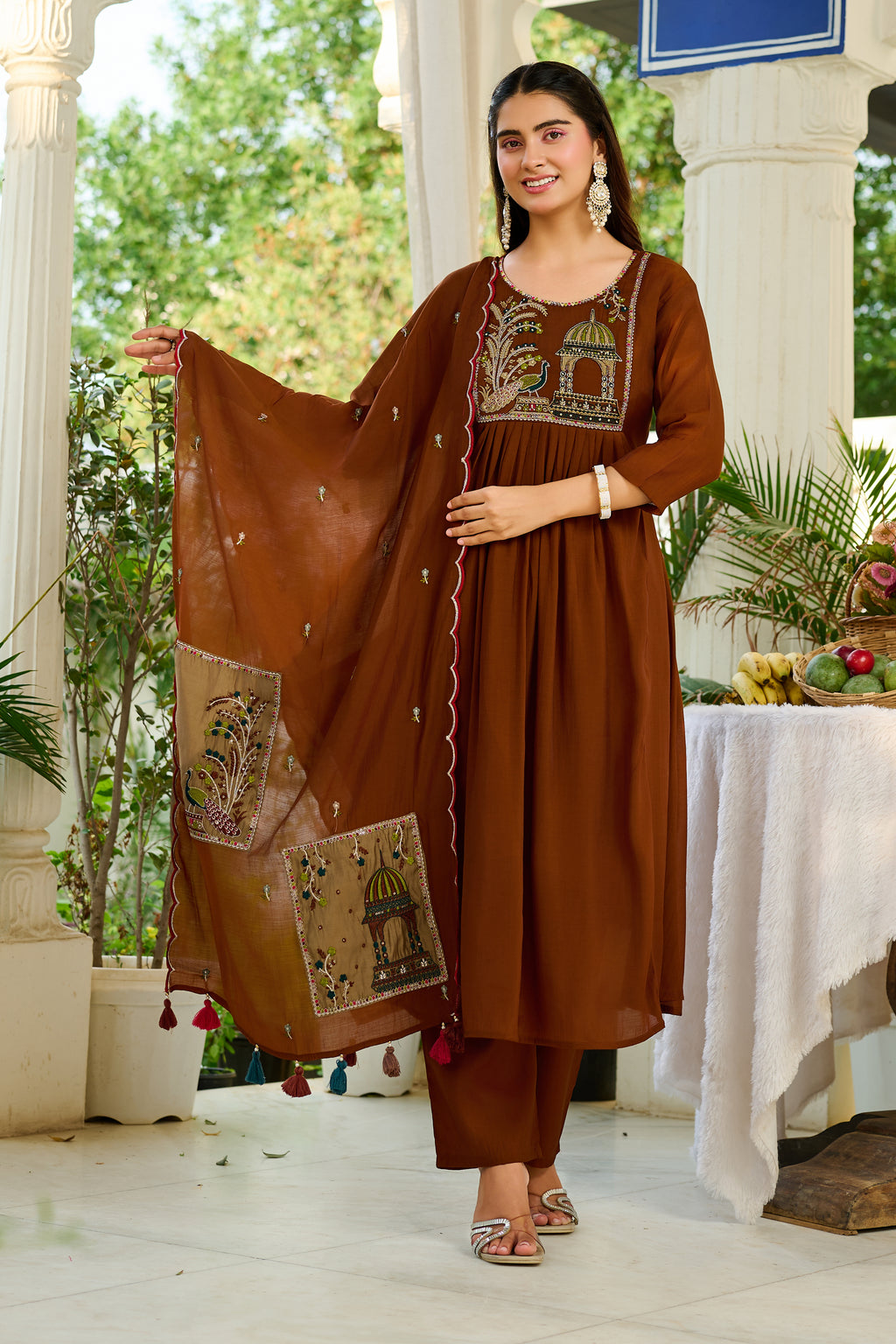 Women Ethnic Motifs Embroidered Empire Thread Work Chanderi Cotton Kurta with Trousers & With Dupatta-IV-1125