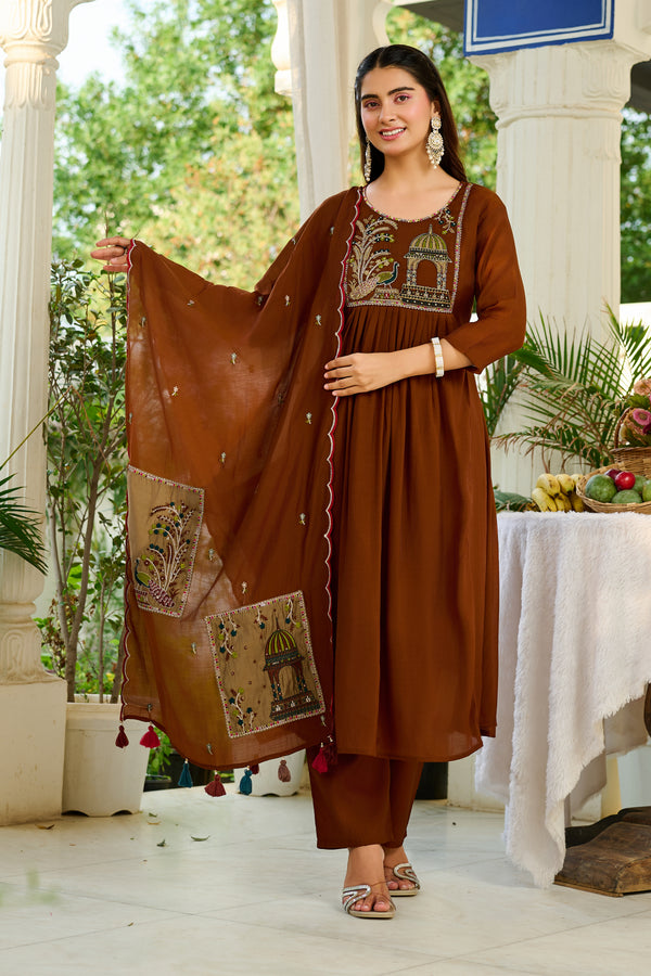 Women Ethnic Motifs Embroidered Empire Thread Work Chanderi Cotton Kurta with Trousers & With Dupatta-IV-1125