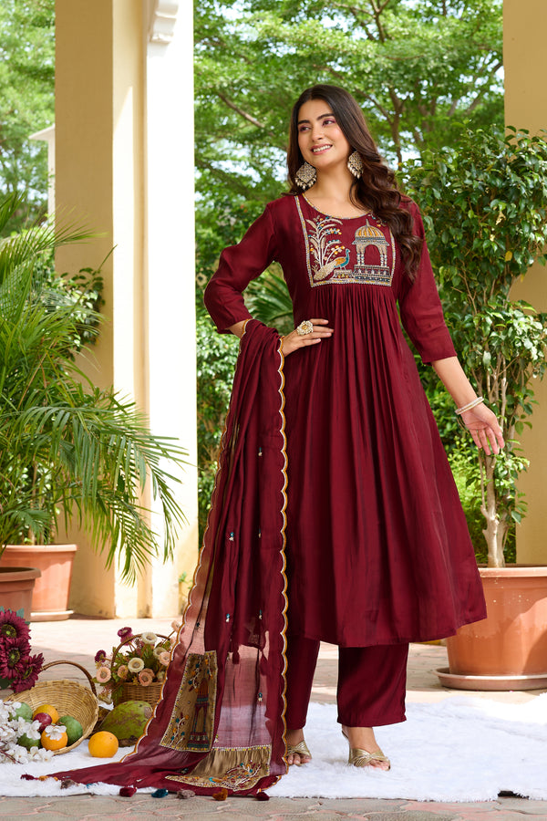 Women Ethnic Motifs Embroidered Empire Thread Work Chanderi Cotton Kurta with Trousers & With Dupatta-IV-1124