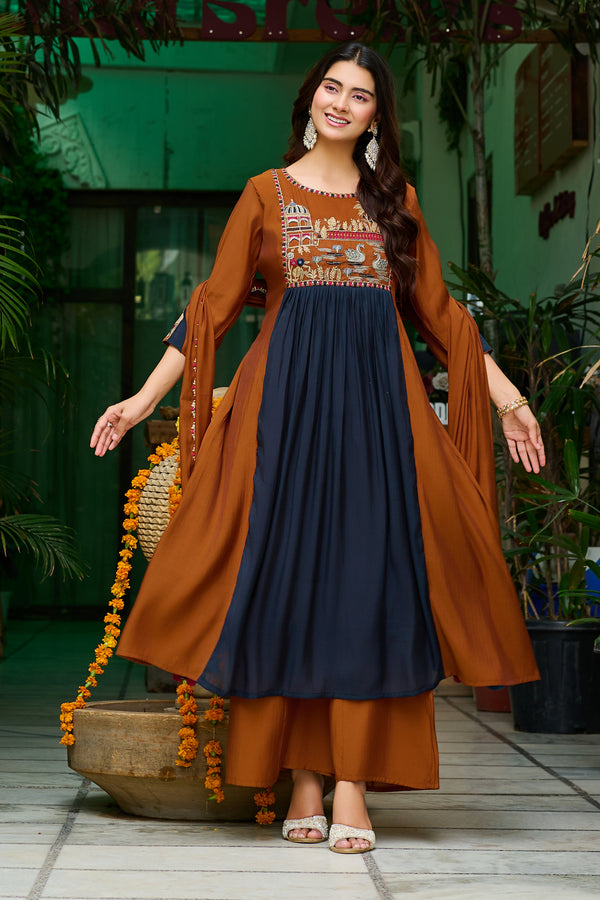 Women Ethnic Motifs Embroidered Empire Thread Work Chanderi Cotton Kurta with Trousers & With Dupatta-IV-1106