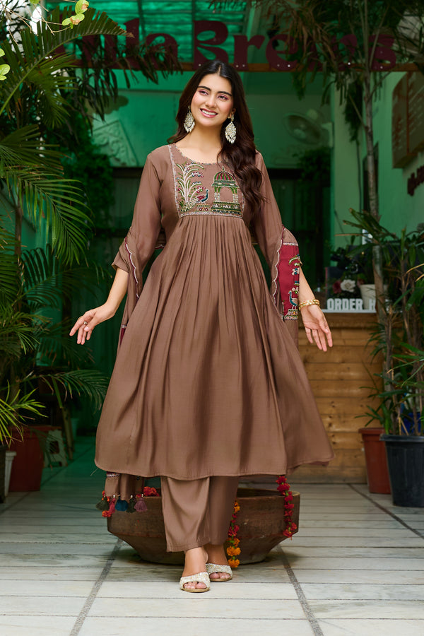 Women Ethnic Motifs Embroidered Empire Thread Work Chanderi Cotton Kurta with Trousers & With Dupatta-IV-1127