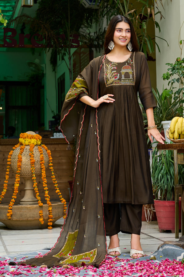 Women Ethnic Motifs Embroidered Empire Thread Work Chanderi Cotton Kurta with Trousers & With Dupatta-IV-1132