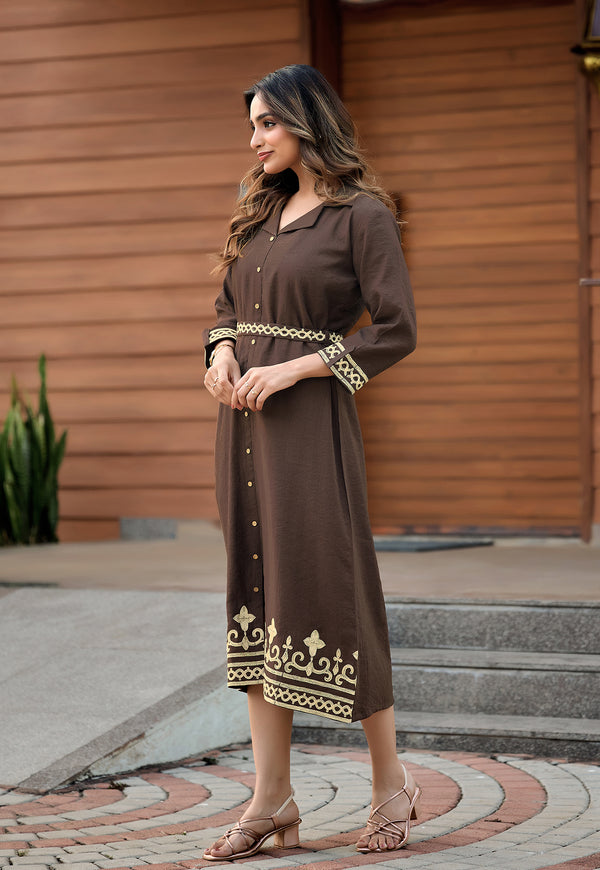 Women’s Chocolate Brown Embroidered Shirt Collar Western Dress