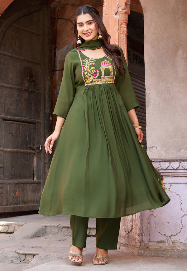 Women Ethnic Motifs Embroidered Empire Thread Work Chanderi Cotton Kurta with Trousers & With Dupatta-IV-1009