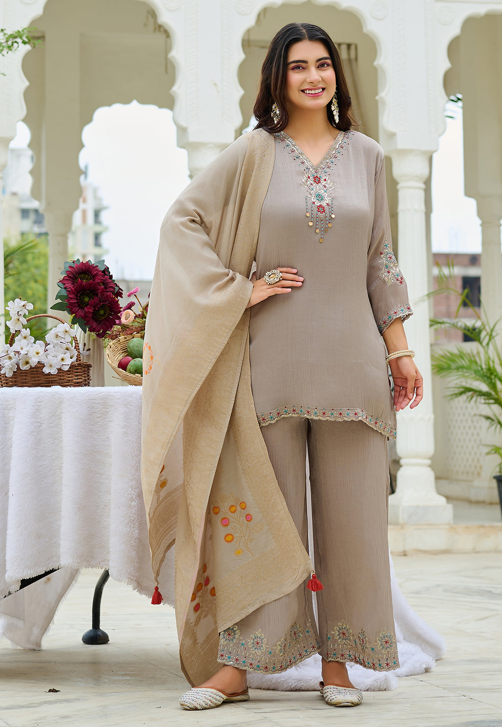 Women  Chiffon Silk Kurta Palazzo Set with Muslin Jacquard Dupatta-IV-1116