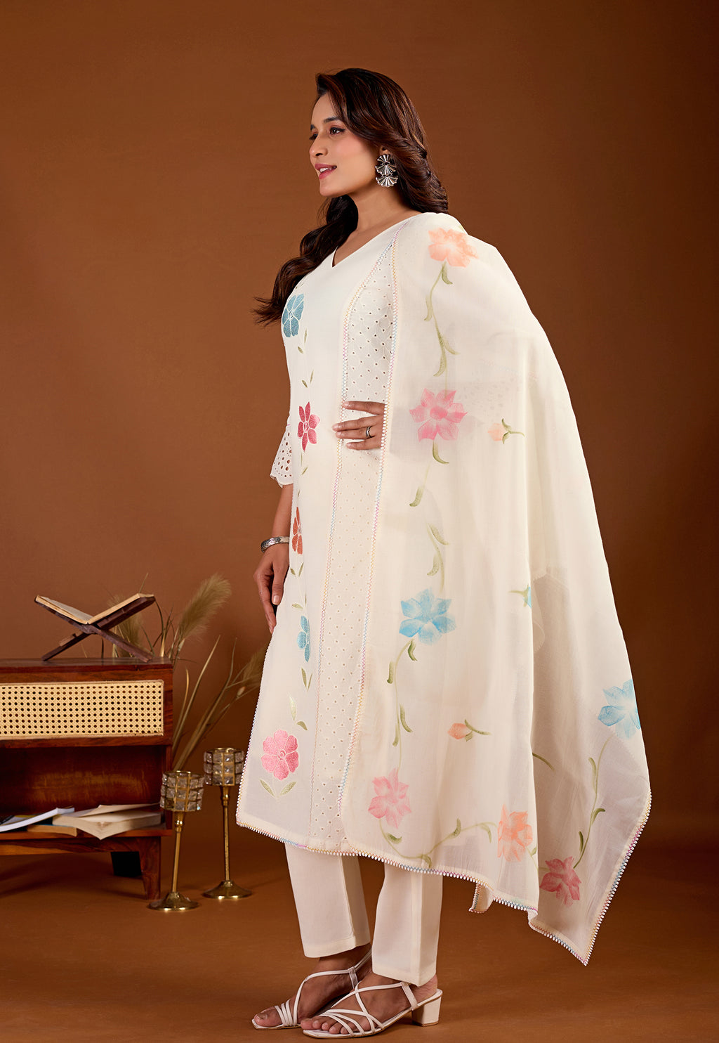 Women Floral Embroidered Regular Pure Cotton Kurta with Trousers & With Dupatta-KS-351